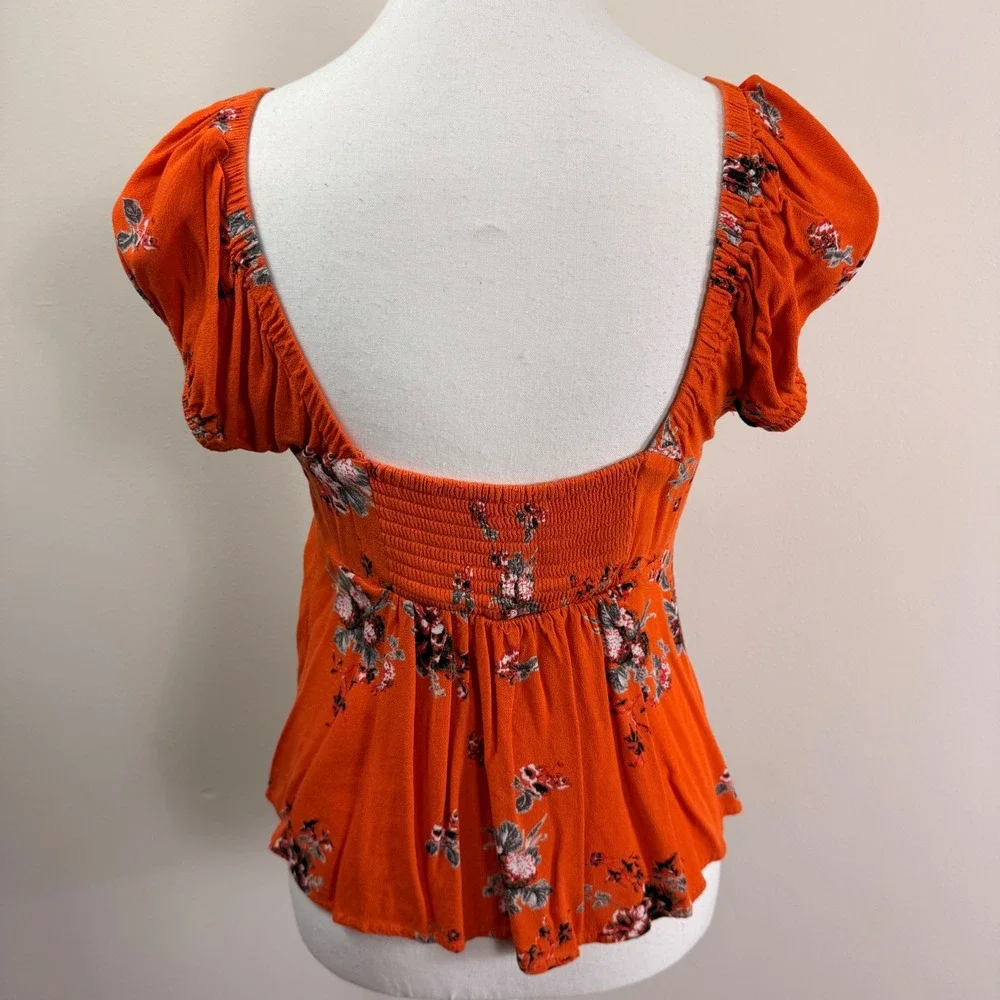 Free People Close To You Orange Floral Puff Sleeve Smocked Peplum Top Small